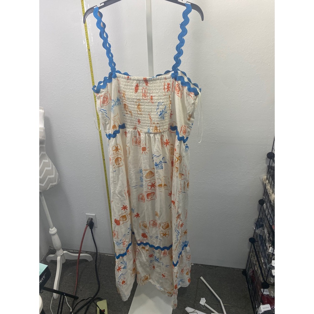 CeCe Ric-Rac Trim Coastal Print Linen Blend Midi Dress XL Blue Orange White - Picture 3 of 3